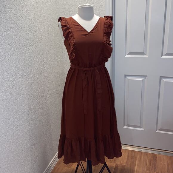 Vero Moda Odette Brown Ruffle Calf Dress NWT Sz M Women’s Polyester Tie Back - Picture 1 of 15